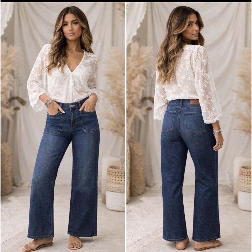 NWT Tahari Women Wide Leg Patch Pocket Jeans Blue High Rise Denim Pants Size 6P